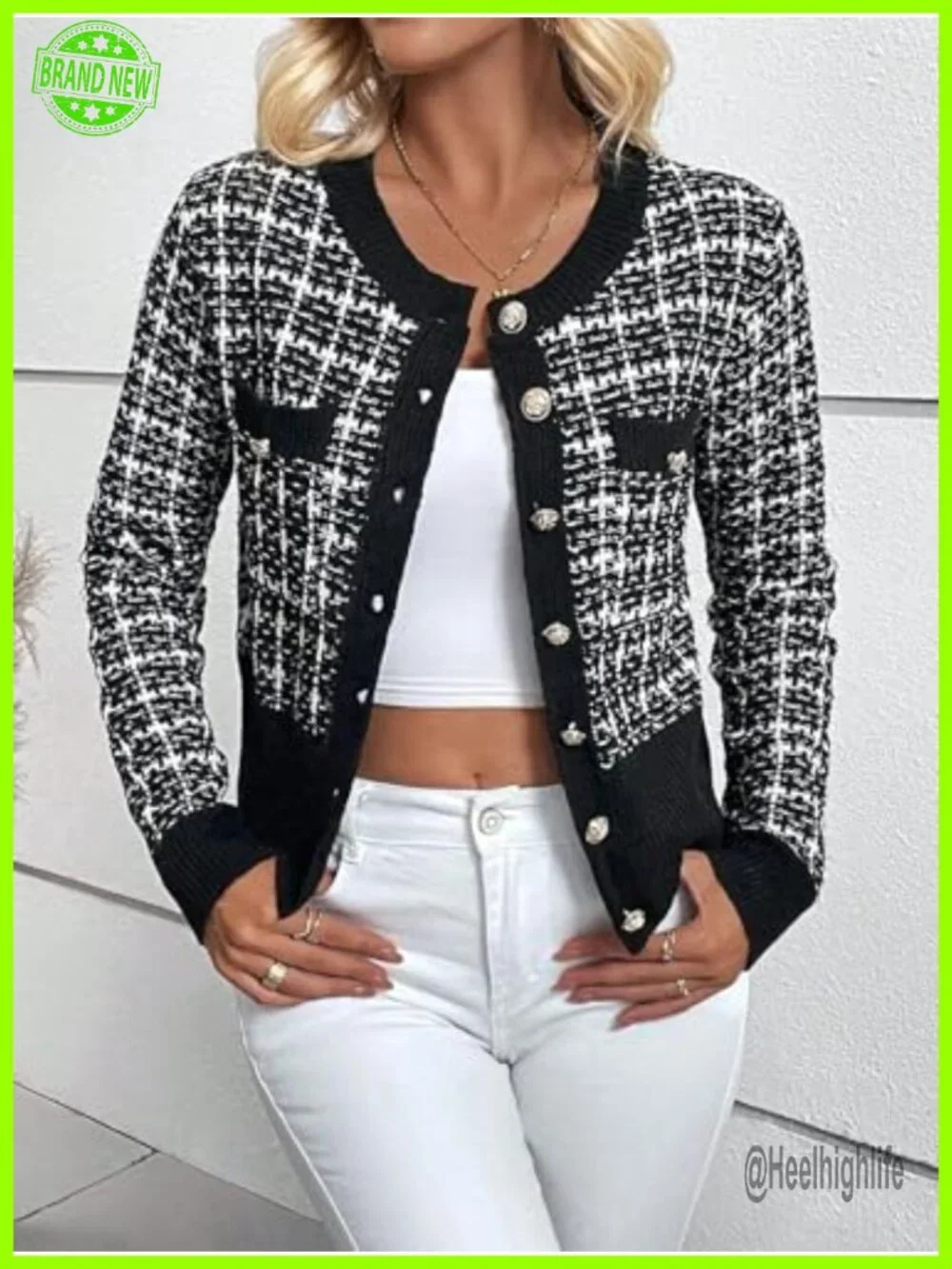 Tweed Plaid Cardigan Blazer Button Front Long Sleeve Knit Jacket
